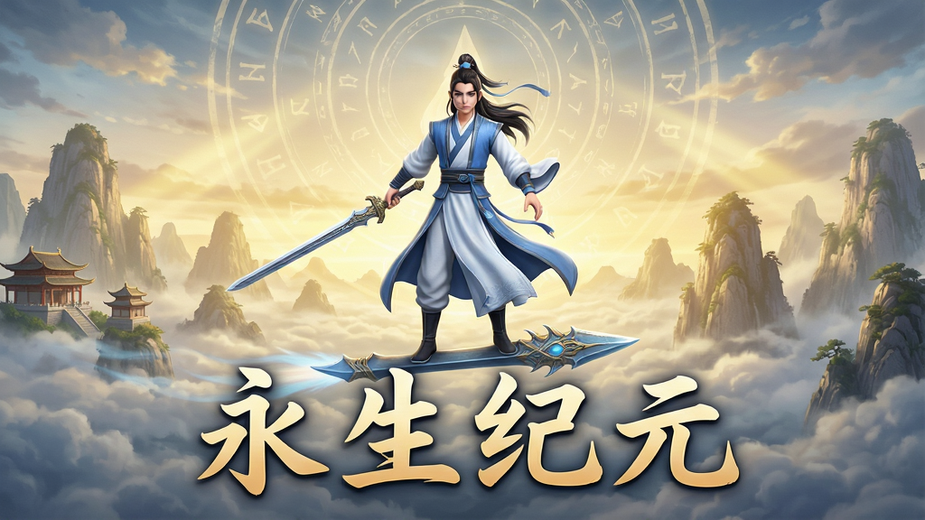 一幅东方玄幻风格的手机游戏宣传图,画面中央是一位身着青白色道袍的年轻修士,手持长剑,脚踏飞剑悬浮于云海之上,背景是连绵的仙山与金色霞光,天空中隐约可见巨大的远古法阵,画面下方有“永生纪元”四个大字,整体风格为3D国风玄幻,细节丰富,画质清晰,干净整洁,无多余元素