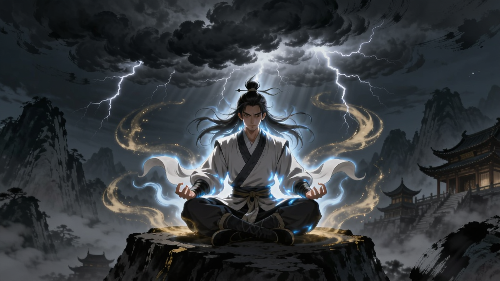 一幅展现修真者突破境界的插画,画面中一位修士盘坐于山巅,头顶乌云密布雷电交加,周围有金色灵气旋涡,修士周身散发蓝白色光芒,背景是夜色中的群山与古建筑,画面风格为玄幻水墨,细节精致,画质清晰,干净无多余元素