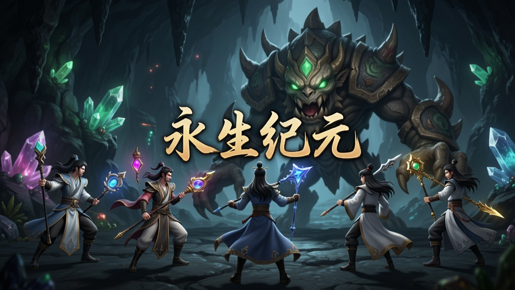一幅展示仙盟组队挑战秘境的游戏场景图,画面中有五位修士各持法器,面对巨大的上古妖兽,背景是幽暗的洞穴与发光的灵矿,画面中央有“永生纪元”字样,风格为3D玄幻,细节丰富,画质清晰,干净无多余元素