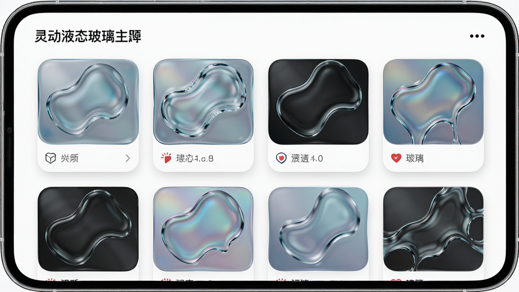 一张展示主题库界面的图片,画面为手机屏幕显示“灵动液态玻璃”的主题选择页面,页面上排列着多个不同风格的主题预览卡片,卡片上有液态玻璃质感的缩略图,布局为网格状排列,风格为应用商店展示图,细节包括卡片的圆角与阴影效果,画质为高清,干净,无多余元素