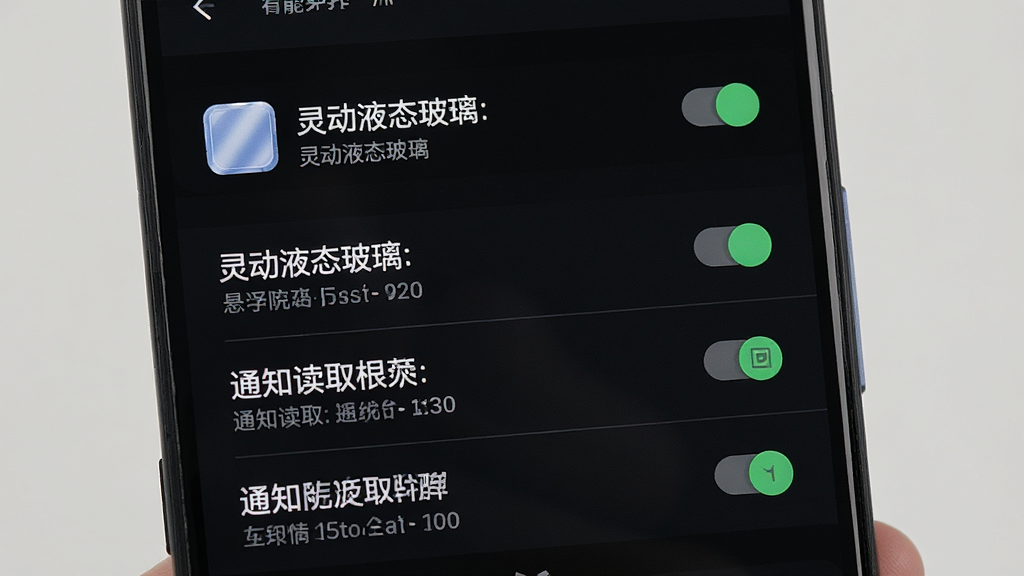一张展示安卓手机设置界面的图片,画面中用户正在为“灵动液态玻璃”应用授予悬浮窗权限和通知读取权限,设置界面为深色模式,有多个权限开关,布局为手机屏幕特写,风格为教程截图,细节包括权限名称与开关状态,画质为高清,干净,无多余元素