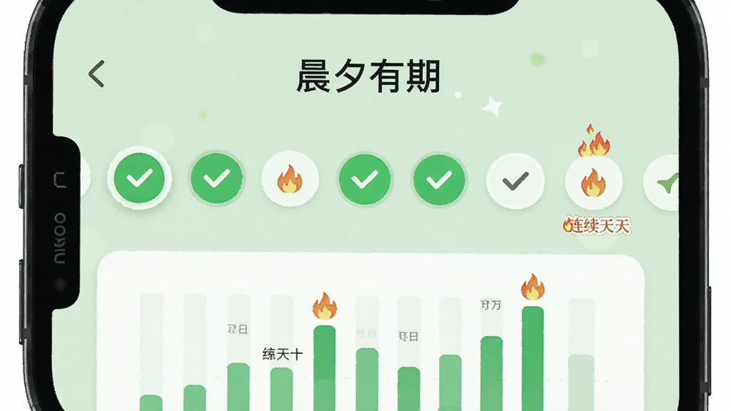 手机屏幕展示“晨夕有期”习惯打卡界面,中央是一排圆形打卡按钮,部分已点亮为绿色,下方有柱状统计图,顶部显示“晨夕有期”文字,背景为浅绿色,布局为上下结构,风格清爽明快,细节包括对勾图标、火焰连续天数标志,画质清晰,干净无多余元素