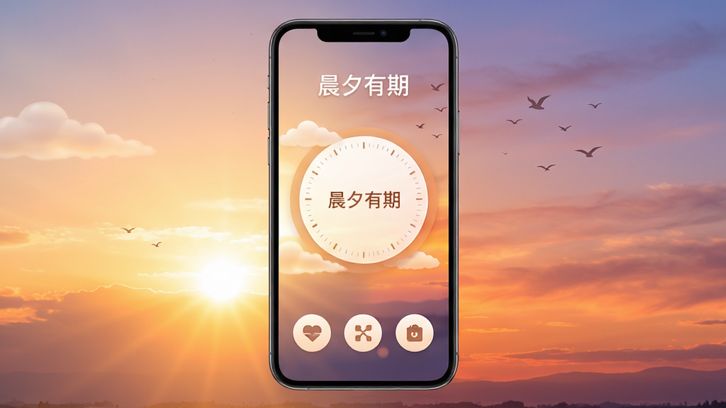 手机屏幕中央显示“晨夕有期”应用主界面,背景是清晨日出与黄昏晚霞的渐变融合,界面顶部有“晨夕有期”文字,整体布局简洁,主体是一个圆形时间记录卡片,下方有三个功能图标按钮,风格温暖治愈,细节包括柔和的云朵、飞鸟剪影,画质高清,干净无多余元素