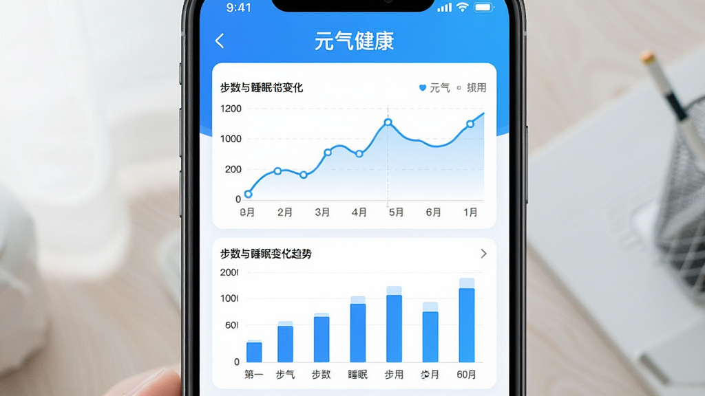 一张以“元气健康”应用数据记录页面为主体的图片,界面中显示折线图和柱状图,展示步数与睡眠变化趋势,配色以蓝白为主,风格清爽,布局居中,细节清晰,画质干净,无多余元素。