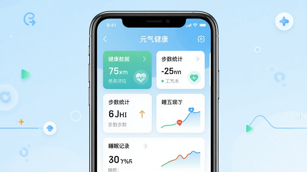 一张展示手机屏幕的图片,屏幕中显示“元气健康”应用主界面,界面中包含健康数据卡片、步数统计、睡眠记录等模块,背景为浅蓝色渐变,风格清新简洁,布局居中,细节清晰,画质干净,无多余元素,整体呈现健康科技感。