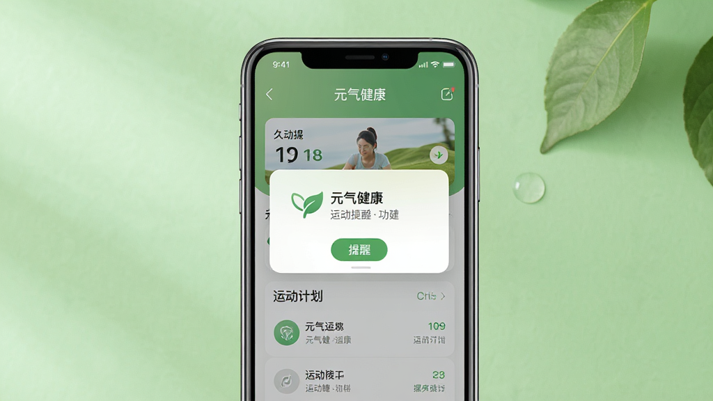 一张展示“元气健康”应用运动提醒功能的图片,手机屏幕中显示久坐提醒弹窗和运动计划列表,背景为柔和绿色,风格清新自然,布局居中,细节清晰,画质干净,无多余元素。