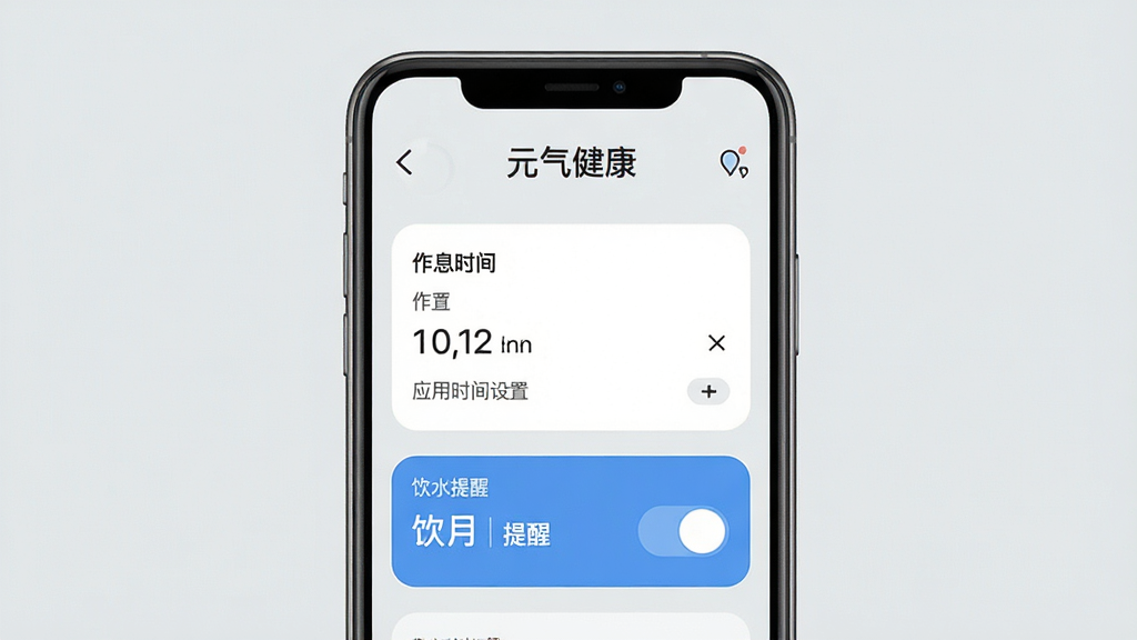 一张以“元气健康”应用提醒设置页面为主题的图片,界面中显示作息时间设置与饮水提醒开关,配色为浅灰与蓝色,风格简约,布局居中,细节清晰,画质干净,无多余元素。