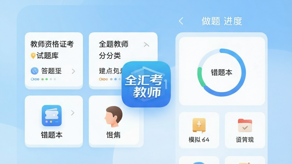 手机屏幕中央显示“全汇考教师”应用图标与启动界面,背景为浅蓝色渐变,界面中排列着教师资格证考试题库分类卡片与做题进度环形图,风格简洁清爽,细节包含答题卡、错题本、模拟考试等模块入口,画质清晰,干净,无多余元素