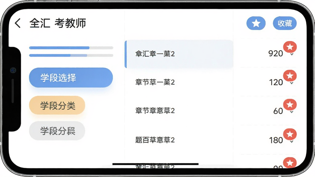全汇考教师APP界面截图风格,画面中央展示“全汇考教师”题库分类页面,左侧为学段选择标签,右侧为章节列表与题目数量角标,背景白色,界面元素包含答题进度条与收藏按钮,风格扁平化,画质清晰,干净,无多余元素