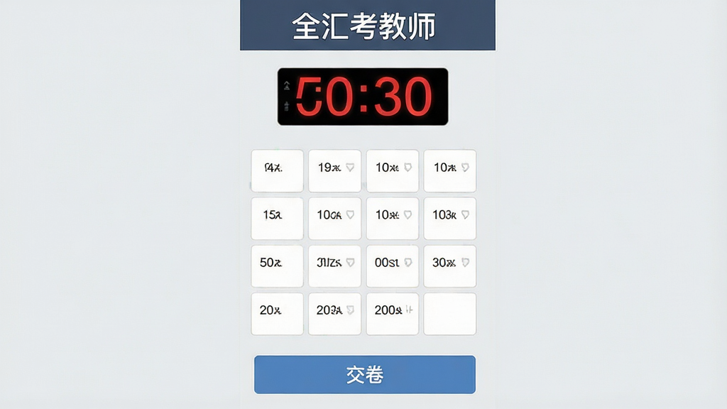 全汇考教师APP模拟考试界面,画面中显示倒计时数字与答题卡网格,顶部有“全汇考教师”字样,底部为交卷按钮,背景为淡灰色,风格严肃整洁,画质清晰,干净,无多余元素