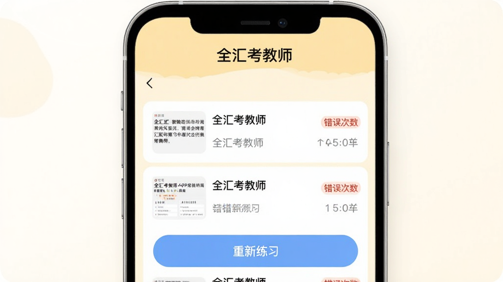 全汇考教师APP错题本页面,画面中显示错题列表与“重新练习”按钮,顶部有“全汇考教师”标题,背景为浅黄色,界面中包含题目缩略与错误次数标记,风格柔和,画质清晰,干净,无多余元素