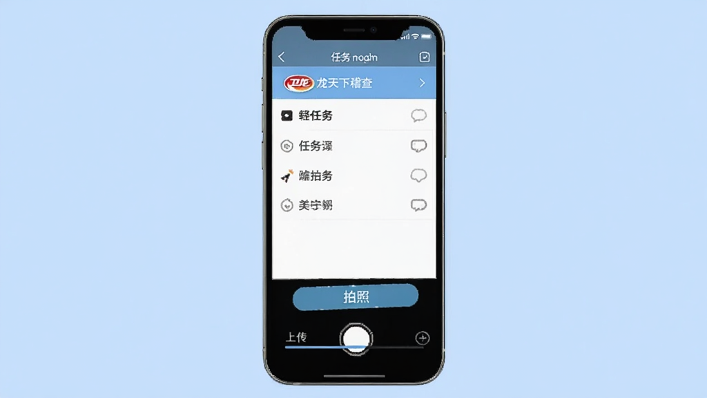 卫龙龙天下稽查拍照功能界面截图,画面展示手机屏幕中拍照任务页面,包含任务列表、拍照按钮和上传进度条,背景为浅蓝色调,风格简洁商务,细节清晰,画质干净,无多余元素