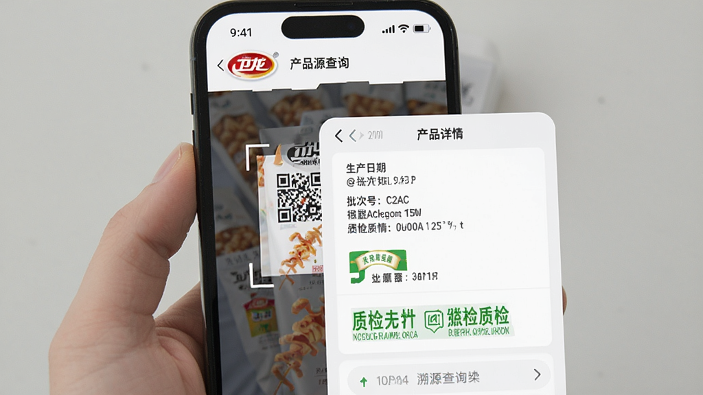 卫龙龙天下产品溯源查询界面,画面展示手机扫描二维码后弹出的产品详情页,包含生产日期、批次号和质检标识,背景为白色卡片式布局,风格清爽简约,细节清晰,画质干净,无多余元素