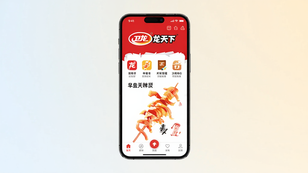 卫龙龙天下软件主界面预览图,画面中央展示手机屏幕,屏幕内呈现卫龙龙天下APP的首页布局,包含品牌标识、功能图标和底部导航栏,背景为简洁的浅色渐变,风格清新现代,细节清晰,画质干净,无多余元素
