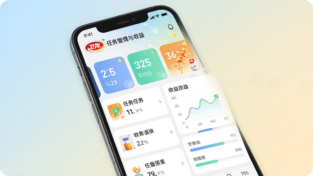 卫龙龙天下任务管理与收益界面,画面展示手机屏幕中任务列表和收益统计图表,包含数字卡片和进度条,背景为浅色柔和渐变,风格清新明快,细节清晰,画质干净,无多余元素