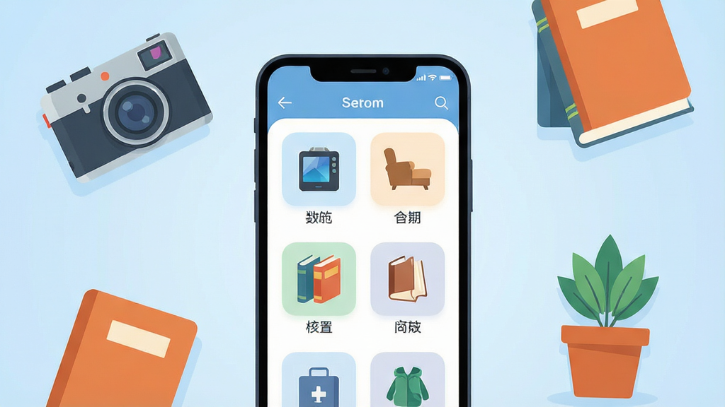 一张展示二手市场闲置交易手机应用的场景图,画面中央是一部智能手机,屏幕上显示着二手交易平台的商品列表界面,包含数码、家具、图书等分类图标。手机周围散落着一些代表闲置物品的小物件,如旧相机、书本、小盆栽,以扁平化插画风格呈现。整体布局为居中构图,背景为柔和的浅蓝色渐变。风格为现代科技插画,细节包括手机界面的圆角图标和清晰的分类标签,画质清晰,干净,无多余元素。