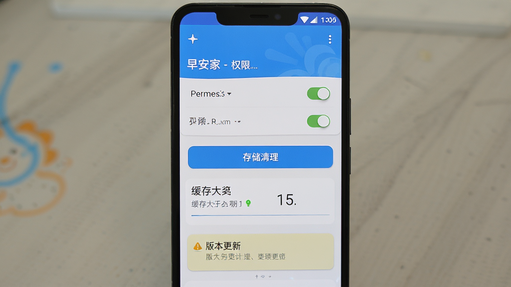 一部安卓手机屏幕显示“早安家”应用的设置与权限管理页面,画面主体为手机界面,布局为竖向排列,风格简洁明了,细节包含权限开关、存储清理按钮、缓存大小显示、版本更新提示等元素,画质高清,干净,无多余元素