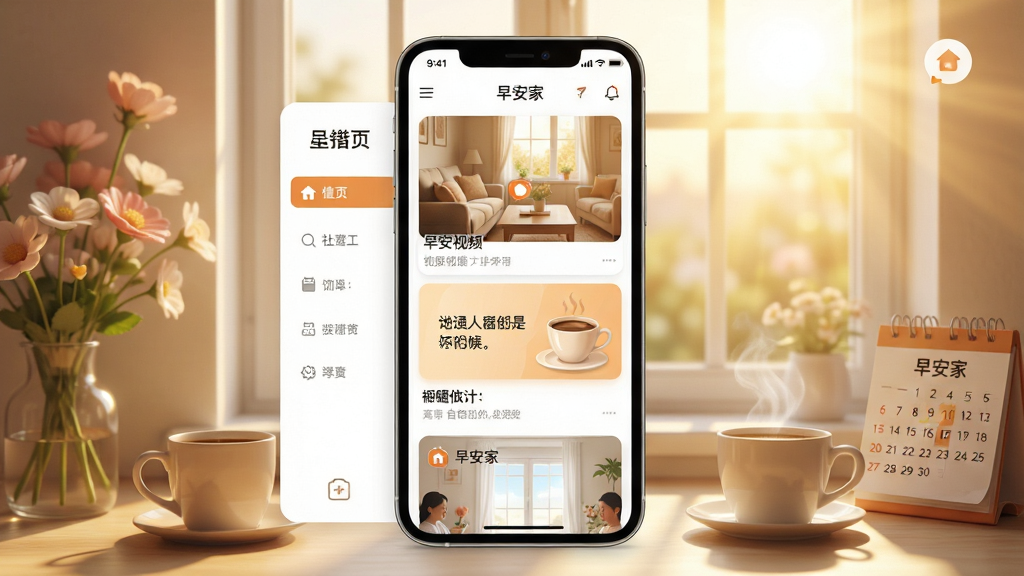 一款名为“早安家”的手机应用界面展示图,画面中央是手机屏幕,屏幕内显示早安视频列表和问候语卡片,背景为清晨阳光洒进窗户的温馨场景,整体布局左中右三栏,左侧为功能菜单,中间为内容流,右侧为个人中心入口,排版清晰整齐,风格温暖治愈,细节包含花朵、咖啡杯、日历等元素,画质高清,干净,无多余元素