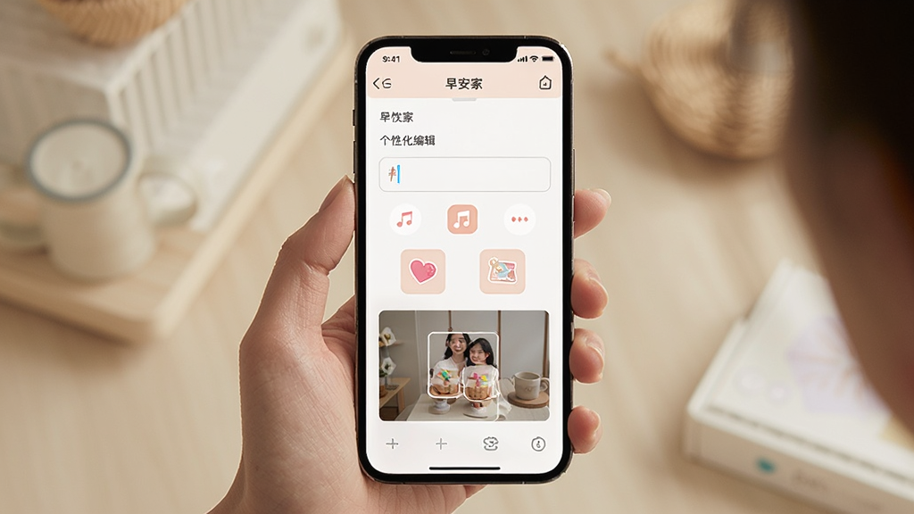 一位用户手持手机,屏幕上显示“早安家”应用的个性化编辑界面,画面主体为手机和编辑面板,布局为居中构图,风格温馨现代,细节包含文字输入框、音乐图标、贴纸按钮、预览区域等元素,画质高清,干净,无多余元素