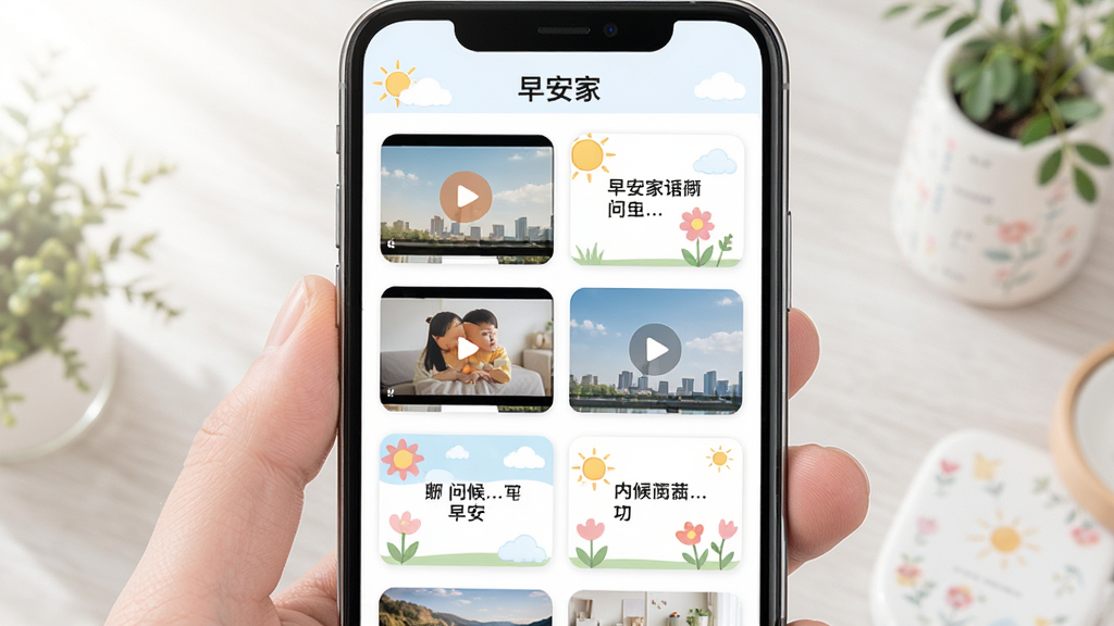 手机屏幕中展示“早安家”应用的素材分类页面,画面主体为整齐排列的早安视频缩略图和问候语卡片,布局采用网格状排列,风格清新明亮,细节包含太阳、云朵、花朵、文字标签等装饰元素,画质高清,干净,无多余元素