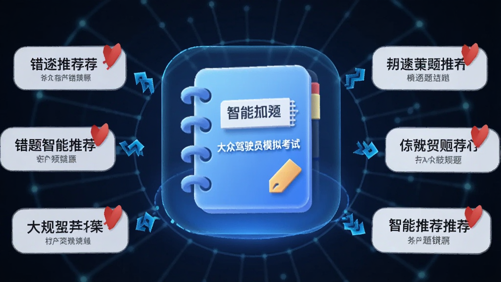 主体为一个发光的智能笔记本图标,布局采用中心放射构图,排版为笔记本居中、周围环绕错题标签,风格为科技感UI风,细节包含