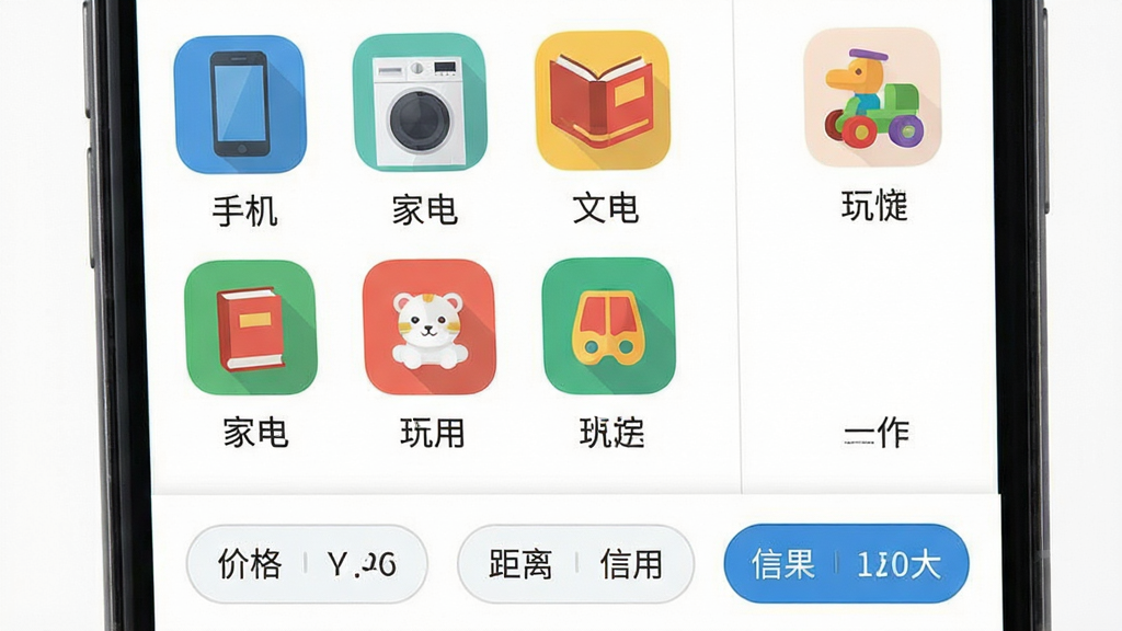 二手市场闲置交易分类浏览界面,画面展示手机屏幕上的网格状分类图标,包括手机、家电、图书、玩具等类别,每个图标配有文字标签。下方是筛选条件栏,有价格、距离、信用等选项。背景为白色,风格为扁平化图标设计,细节包括彩色分类图标和筛选按钮,画质清晰,干净,无多余元素。