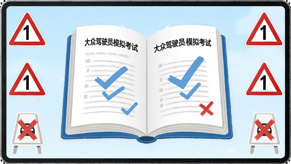 主体为一本翻开的电子题库书本悬浮在屏幕中央,布局采用左右对称构图,排版为书本居中、两侧分布交通标志图标,风格为清新教育插画风,细节包含