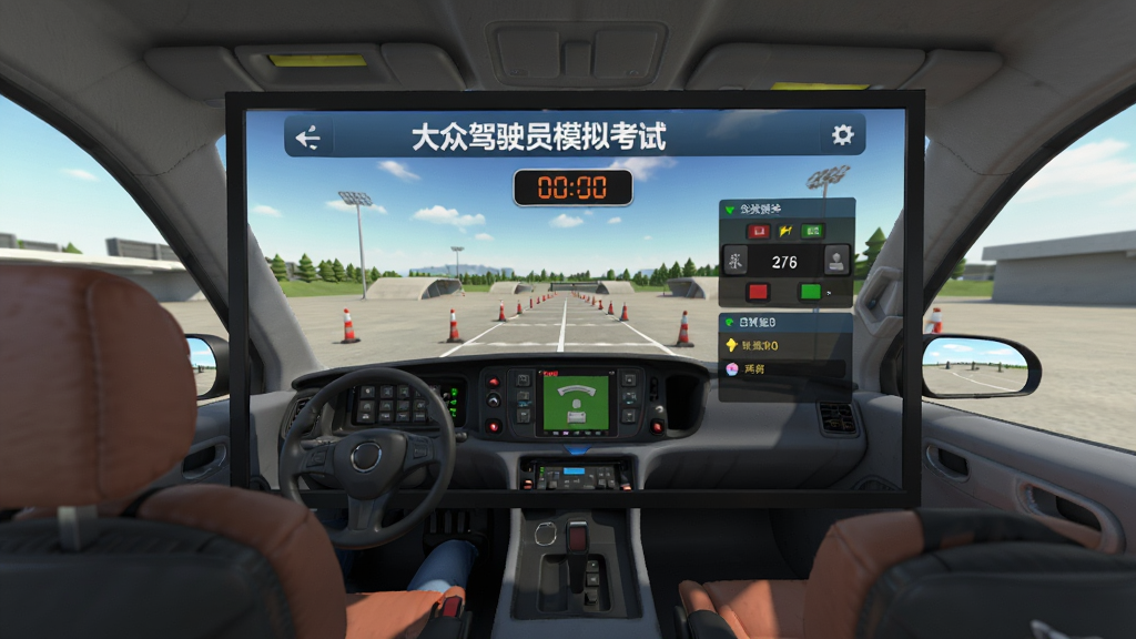 主体为一间模拟驾考考场场景,布局采用透视构图,排版为电脑屏幕居中显示考试界面,风格为写实3D渲染风,细节包含