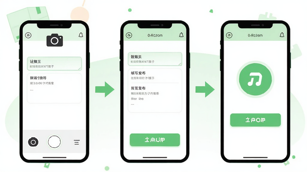 二手市场闲置交易APP发布商品流程图,画面以手机界面为主,展示从拍照上传到填写信息再到发布成功的三个步骤,界面元素包括相机图标、文本框和发布按钮。背景为简洁的白色,搭配淡绿色点缀。风格为步骤化扁平插画,细节包括清晰的箭头指引和按钮高亮效果,画质清晰,干净,无多余元素。