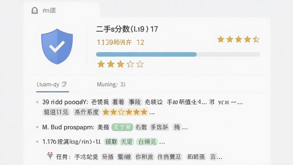 二手市场闲置交易信用评价页面截图,展示卖家个人主页上的信用分数、星级评价和买家留言列表。页面设计包含盾牌图标和五角星评分元素。背景为浅色,风格为简洁商务UI,细节包括评分进度条和评价标签,画质清晰,干净,无多余元素。
