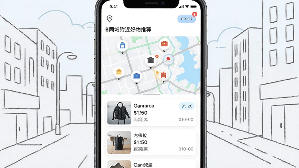 二手市场闲置交易软件界面截图,展示同城附近好物推荐页面,地图上散布着商品小图标,下方是商品列表卡片,每张卡片上有商品图片、名称、价格和距离信息。画面以手机屏幕为主体,背景是城市街景的简约线条。风格为清新扁平化UI设计,细节包括定位图标和距离标签,画质清晰,干净,无多余元素。