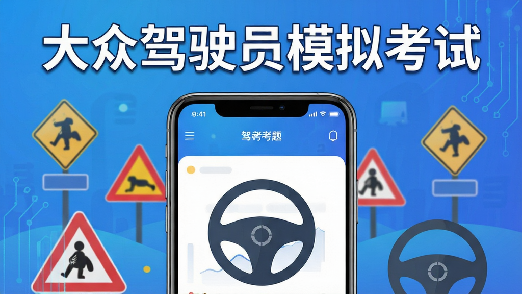 主体为一部智能手机正面竖屏展示驾考刷题界面,布局采用居中构图,上方放置软件名称