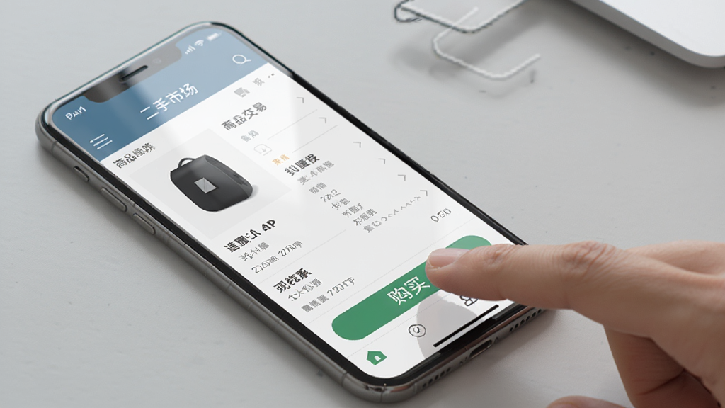 二手市场闲置交易APP在手机上的操作界面截图,画面展示一部手机正在显示商品详情页,旁边有手指点击屏幕的示意。背景为浅灰色桌面,风格为真实场景渲染,细节包括手机边框、屏幕反光和界面上的购买按钮,画质清晰,干净,无多余元素。