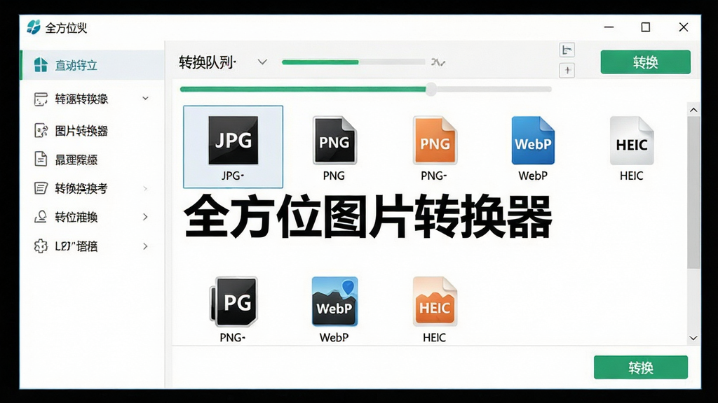 全方位图片转换器软件主界面截图,画面中央展示软件名称“全方位图片转换器”,主体为整洁的白色窗口布局,左侧为功能导航栏,右侧为图片格式转换队列区域,包含JPG、PNG、WebP、HEIC等格式图标,排版清晰,风格为现代简约商务风,细节包括进度条与转换按钮,画质干净清晰,无多余元素