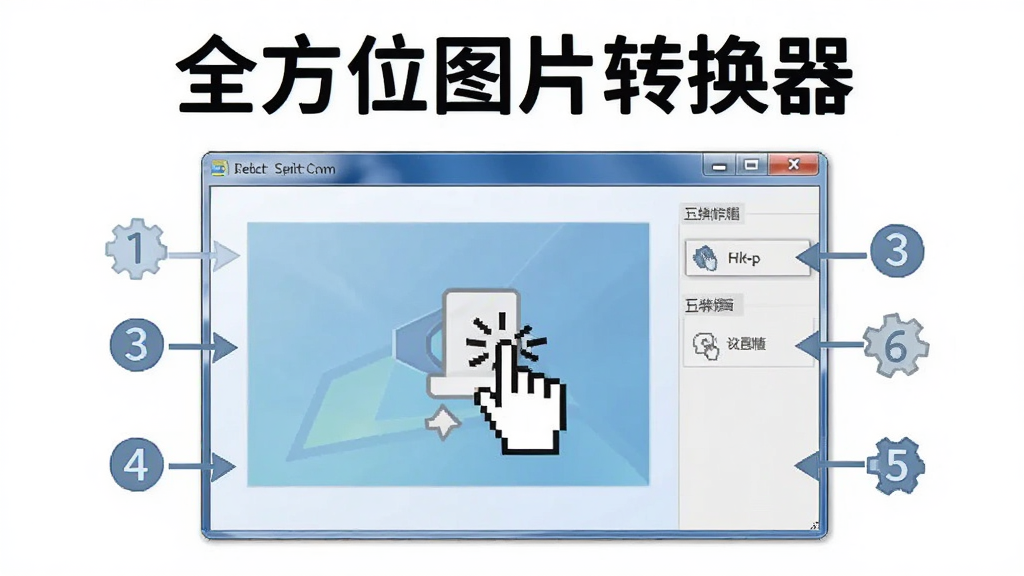 全方位图片转换器操作界面引导图,画面展示软件名称“全方位图片转换器”,主体为软件窗口并带有数字标注的操作步骤指引,布局为居中展示式,风格为友好教学风,细节包含拖拽手势图标与设置齿轮图标,画质干净清晰,无多余元素