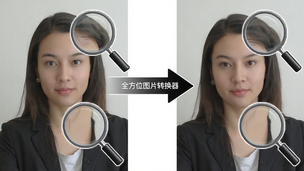 全方位图片转换器画质保留对比示意图,画面左侧为原始图片,右侧为转换后图片,中间用箭头连接并标注“全方位图片转换器”,布局为左右对比式排版,风格为写实清晰风,细节包含放大镜查看细节的图标,画质干净清晰,无多余元素