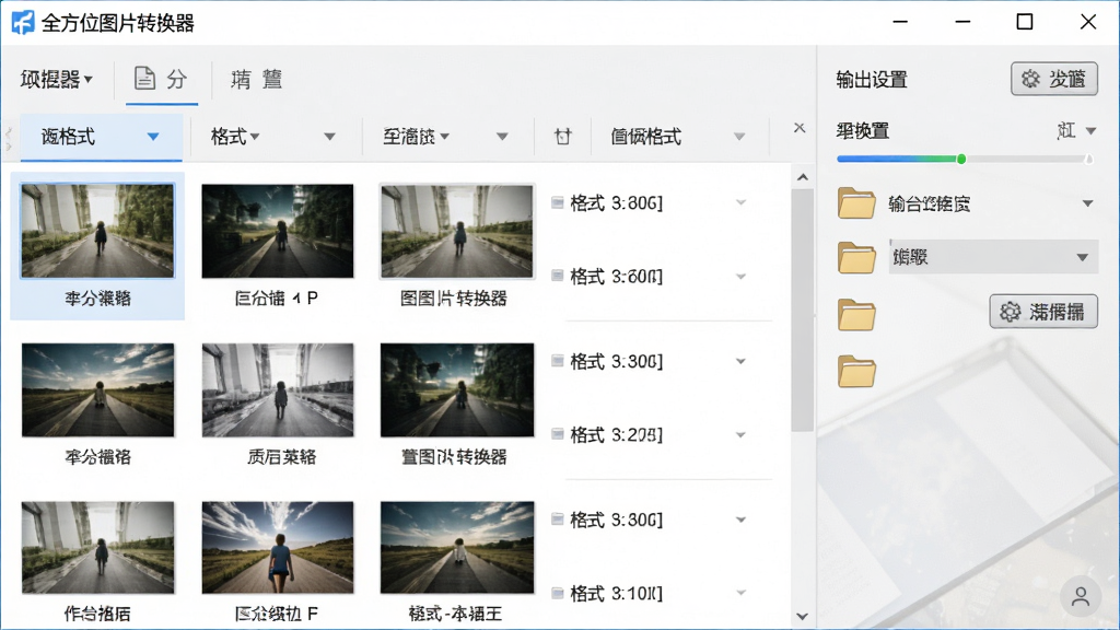 全方位图片转换器批量队列管理界面,画面展示软件名称“全方位图片转换器”,主体为队列列表包含多张图片缩略图与格式信息,右侧为输出设置面板,布局为左右分栏式,风格为清爽浅色办公风,细节包含进度条、文件夹图标与设置按钮,画质干净清晰,无多余元素