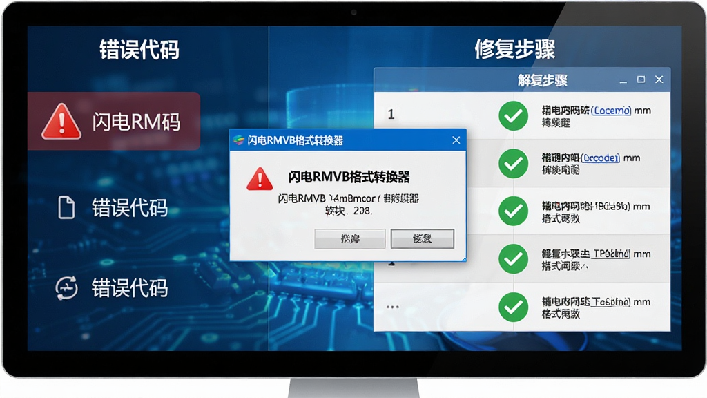 软件常见问题解决示意图,主体是一台电脑屏幕显示「闪电RMVB格式转换器」的错误提示弹窗与解决方案对照表,布局为左右分栏,左侧为错误代码,右侧为修复步骤,排版直观,风格为科技教程风,细节包括高亮的红色警告图标、绿色对勾修复图标,画质高清,画面干净,无多余元素。