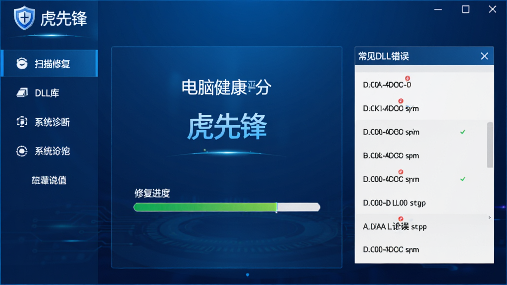 虎先锋DLL修复软件主界面,蓝色科技感风格,左侧导航栏显示扫描修复、DLL库、系统诊断等功能模块,中央区域展示电脑健康评分和修复进度条,右侧列出常见的DLL错误代码列表,背景是深蓝色渐变,界面简洁干净,带有盾牌图标和“虎先锋”字样,高清画质,无多余元素