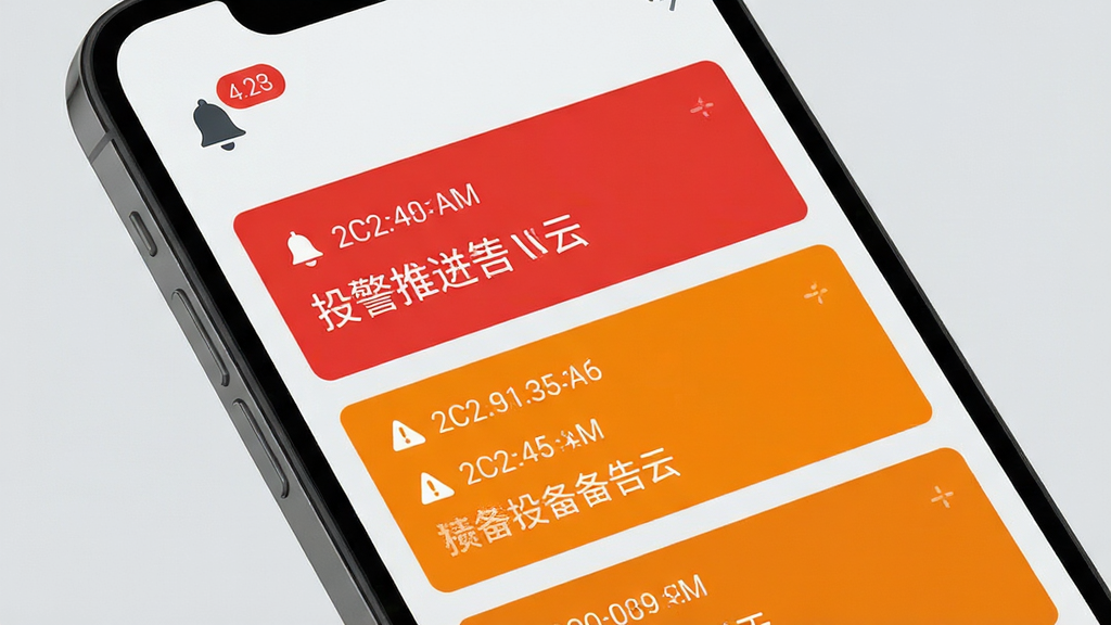 ECO能管云告警推送界面,画面为手机屏幕特写,屏幕中显示红色与橙色告警卡片列表,顶部有铃铛图标与未读数量角标,背景为浅灰色,布局为垂直列表,风格清晰醒目,细节包含时间戳与设备名称,画质高清,干净,无多余元素。