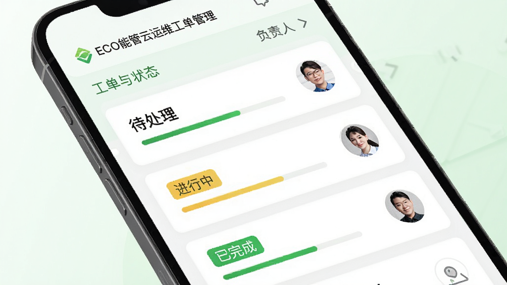 ECO能管云运维工单管理界面,画面为手机屏幕,屏幕中显示工单列表与状态标签,包含待处理、进行中、已完成等状态,背景为白色与浅绿色搭配,布局为卡片式列表,风格清爽,细节包含进度条与负责人头像,画质高清,干净,无多余元素。