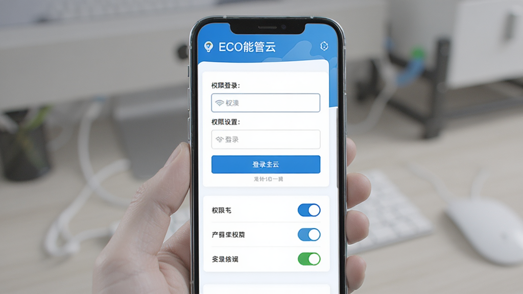 ECO能管云登录与权限设置界面,画面为手机屏幕,屏幕中显示登录表单与权限开关列表,背景为白色与浅蓝色,布局为垂直表单,风格简洁,细节包含输入框、按钮与勾选框,画质高清,干净,无多余元素。