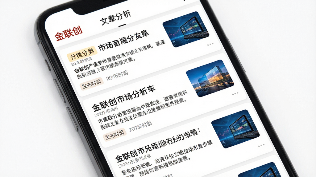 手机屏幕展示“金联创”市场分析文章列表页,画面主体为多篇文章卡片纵向排列,每张卡片包含标题、摘要和发布时间,布局为上下滚动式,风格为简洁阅读类界面,细节包含分类标签和缩略图,背景为纯白色,画质高清,画面干净整洁,无多余元素