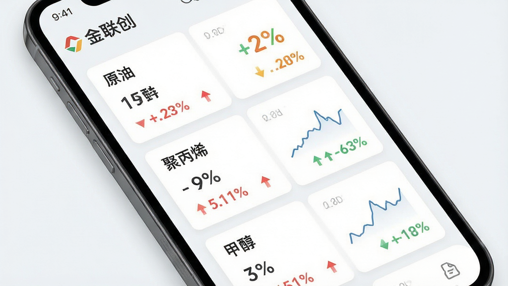 手机界面展示“金联创”实时行情数据页面,画面主体为多张价格卡片和折线走势图,布局为纵向排列,卡片上标注“原油”“聚丙烯”“甲醇”等品类名称,风格为现代商务扁平化,细节包含涨跌箭头和百分比数值,背景为浅灰白色,画质高清,画面干净,无多余元素