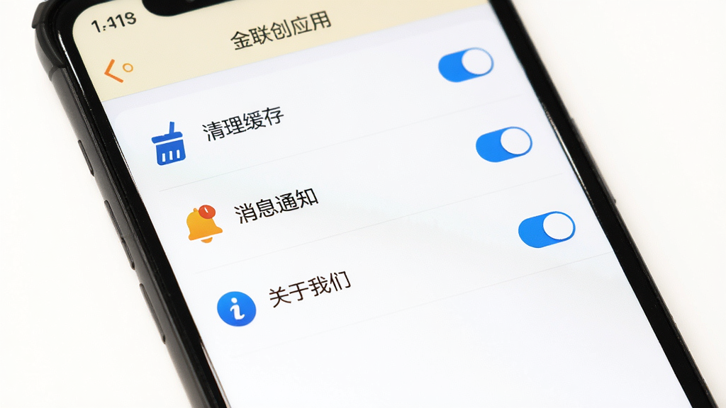 手机屏幕展示金联创应用设置页面,画面主体为设置选项列表,包含“清理缓存”“消息通知”“关于我们”等条目,布局为纵向排列,风格为简洁工具类界面,细节包含图标和开关按钮,背景为白色,画质高清,画面干净,无多余元素