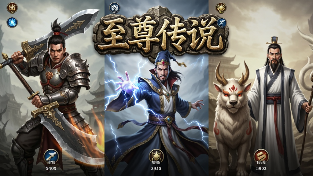 画面采用三分屏布局,左侧展示身穿重甲的战士手持大刀,中间展示法师释放雷电法术,右侧展示道士与神兽并肩站立。背景为“至尊传说”四个大字的石刻质感Logo,整体风格为东方奇幻写实风。细节包含技能光效、职业图标、等级数字。画质清晰,构图平衡,无杂乱元素。