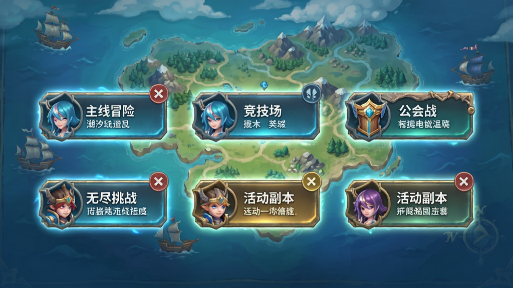 潮汐守望者玩法模式选择界面,画面中排列着主线冒险、竞技场、公会战、无尽挑战、活动副本五个入口按钮,每个按钮配有对应的图标与简短说明,背景是潮汐大陆地图,风格为清新奇幻,细节包含按钮光效、角标提示、角色小头像,画质高清,干净无多余元素