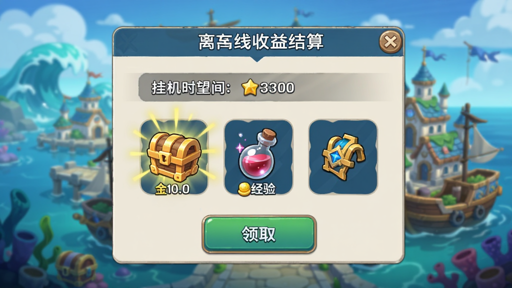 潮汐守望者离线收益结算弹窗,画面中央显示挂机时长、获得金币、经验药水、装备碎片等奖励图标,底部有领取按钮,背景是潮汐守望者游戏主城的远景,风格为休闲奇幻,细节包含奖励数量数字、宝箱光效、时间沙漏图标,画质高清,干净无多余元素