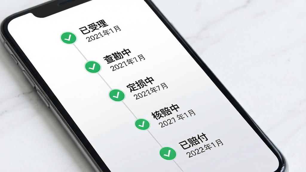 公路灾毁保险应用理赔进度跟踪界面展示,手机屏幕显示一个纵向时间轴,节点包括已受理、查勘中、定损中、核赔中、已赔付,每个节点旁有绿色对勾图标和日期文字,背景为简洁的白色与浅灰色渐变,整体风格商务清新,文字排版整齐,画质高清,无多余装饰