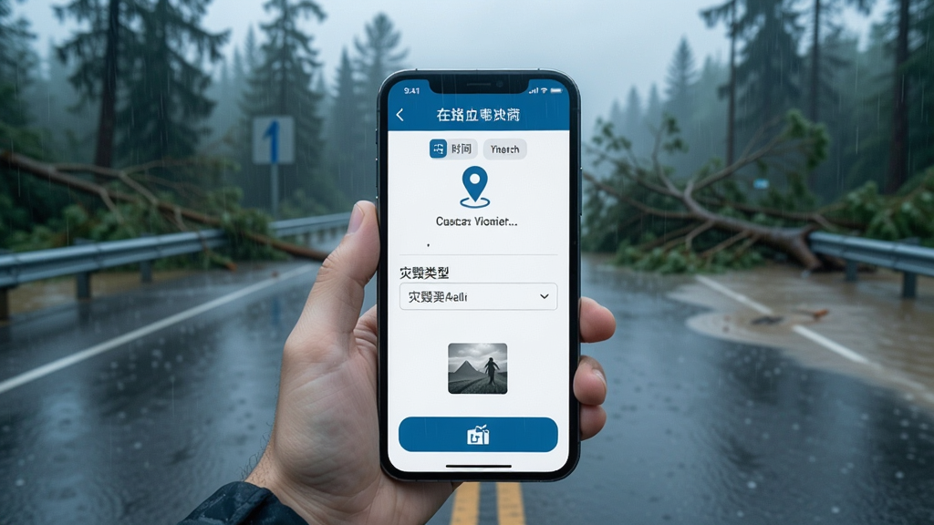 用户手持手机使用公路灾毁保险应用进行在线报案操作,手机屏幕显示报案信息填写页面,包含时间选择器、地点定位图标、灾毁类型下拉菜单和照片上传按钮,背景为暴雨后的公路场景,有倒伏树木和积水路面,画面风格写实,色调偏冷,突出紧急感与科技感,画质清晰,干净无杂乱元素